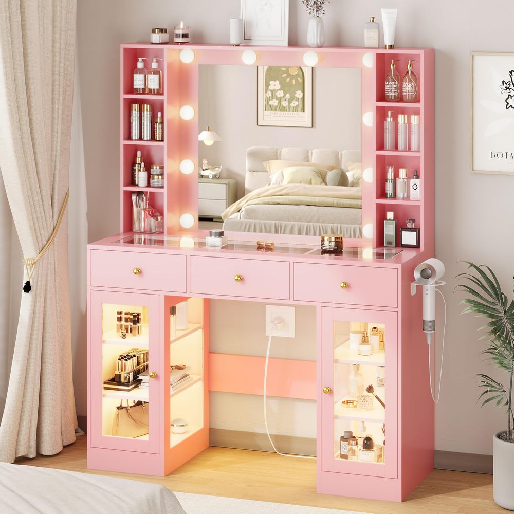 Pink Vanity Desk with Mirror a - Beauty Makeup Vanity reseña y precio