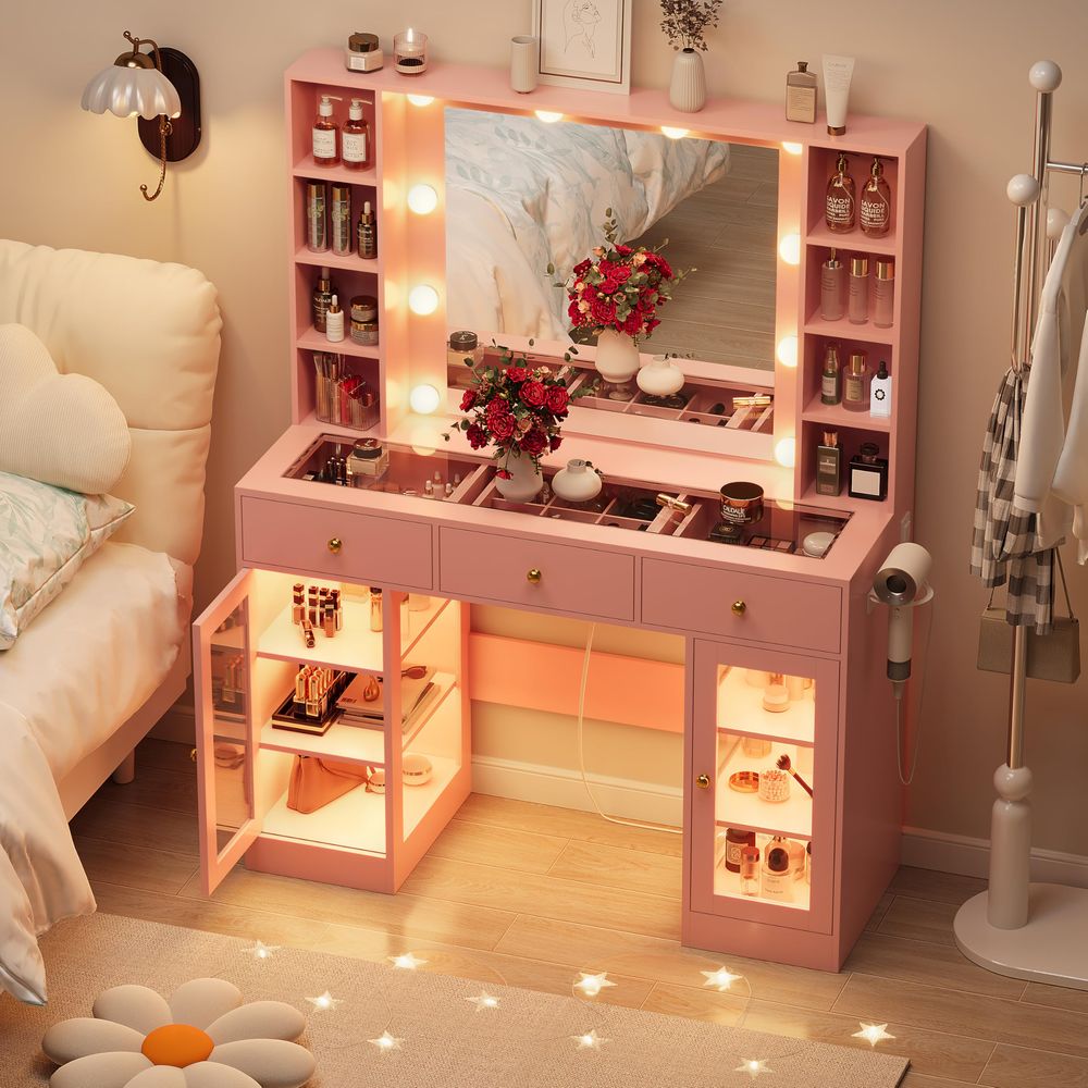 Pink Vanity Desk with Mirror a - Beauty Makeup Vanity reseña y precio
